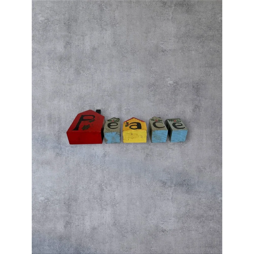 Hand Painted Peace Wooden House Blocks Christmas Decor Multicolor Folk Art Holly